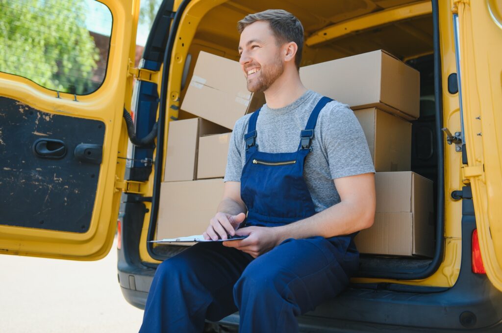 delivery service employee. Portrait of man working in delivery service